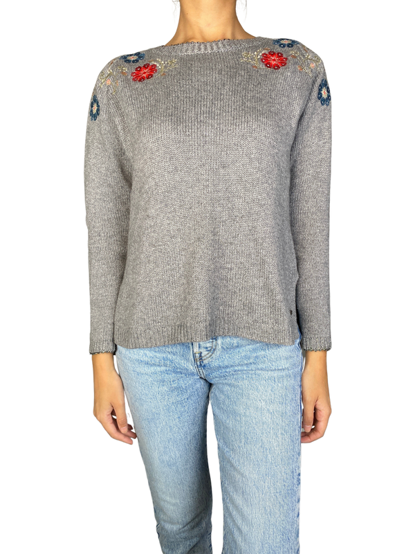 Sweater Gris Bordado Flores