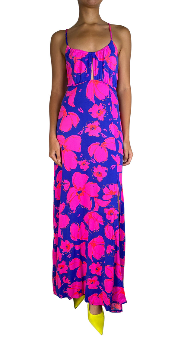 Vestido Azul Flores Fucsia