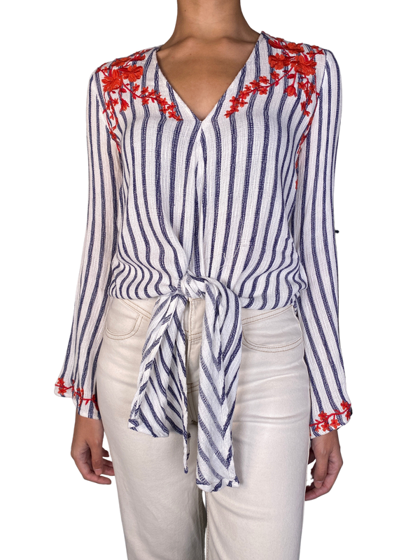 Blusa Blanca Rayas y Bordado