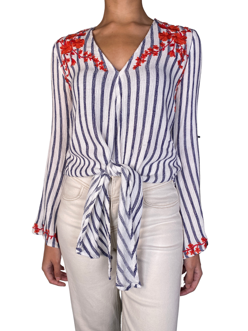 Blusa Blanca Rayas y Bordado