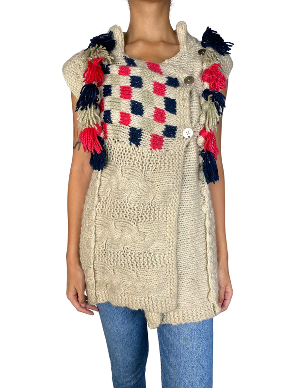 Sweater Sin Mangas Tejido Con Pompenes De Lana