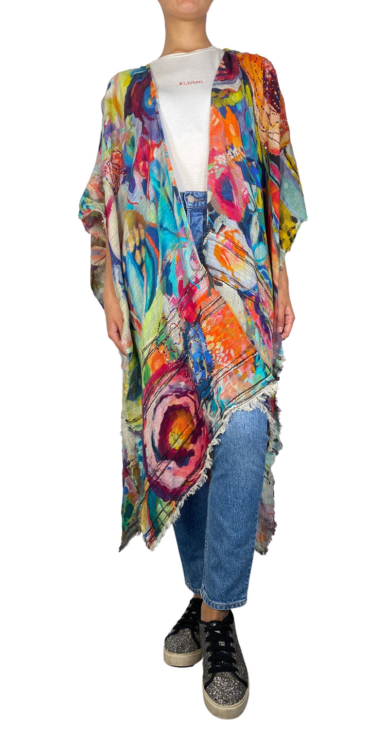 Canvas & Chaos Printed Abstract Short Kimono - Multicolor Cover Up