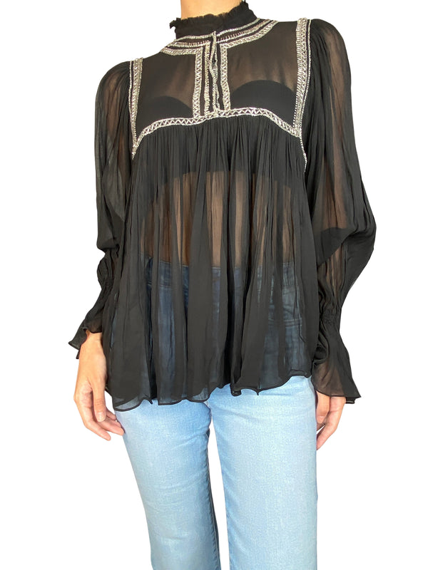 Blusa Negra Traslucida Detalle en Delantero